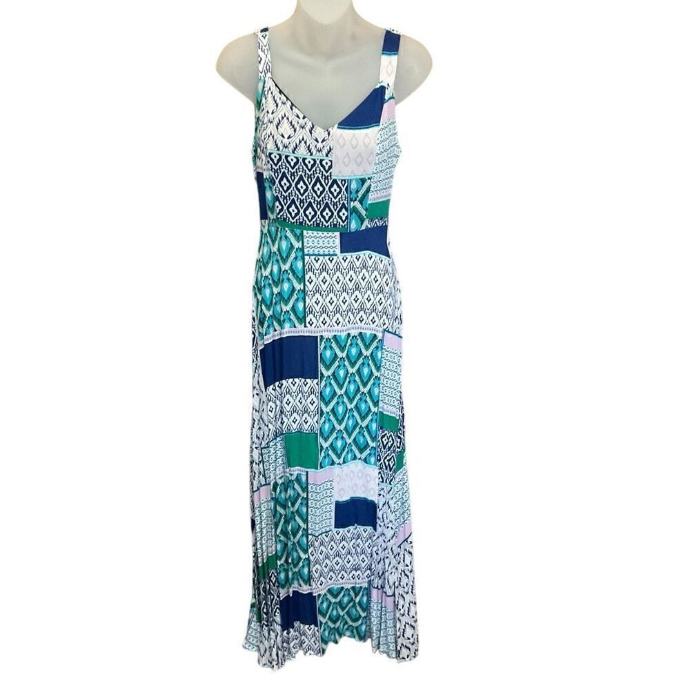 Dina Be Patchwork Maxi Dress Sleeveless Multicolor Blue Aqua White Size Small
